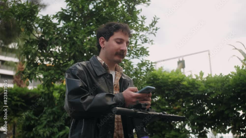 Man using app on smartphone to unlock electric scooter on the street. Urban style riding ecological transport. Ecology transportation concept. Man using app on smartphone to unlock electric scooter on the street. Urban style riding ecological transport. Ecology transportation concept.