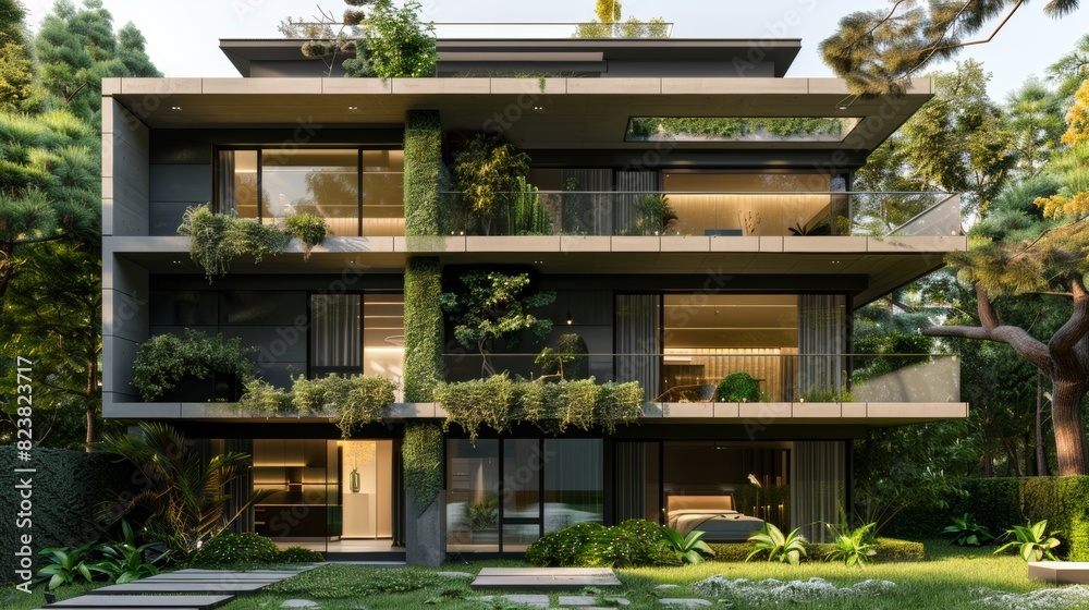 Fototapeta premium Wooden Villa Amidst Serene Garden and Woods
