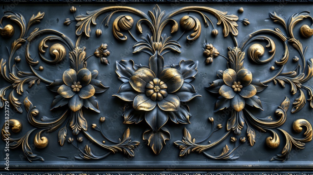 The backdrop features dark textural background with golden baroque flourishes.
