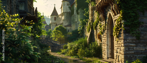 Exploring a medieval European castle, towering stone walls, lush green surroundings, intricate details, golden hour light, high-detail, sense of history and grandeur.Close-up