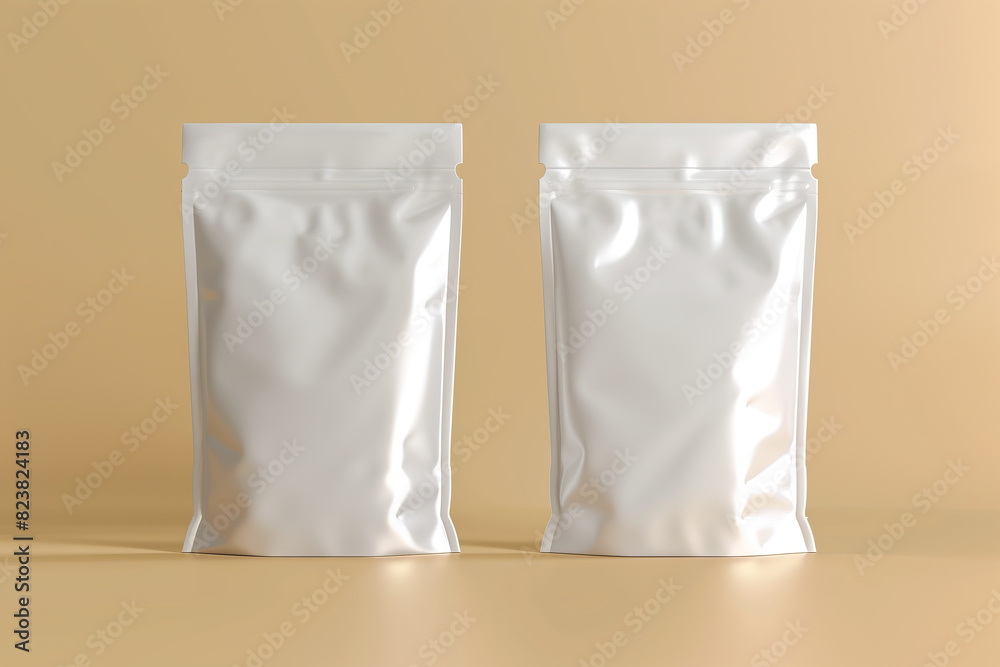 Two blank white empty product paper mockup packaging bags with ziplock isolated on beige background.