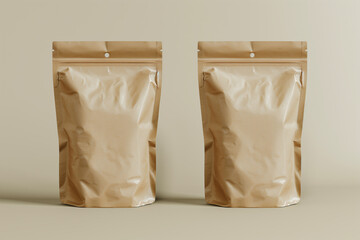 Two blank white empty product paper mockups packaging bags with ziplock isolated on white background.