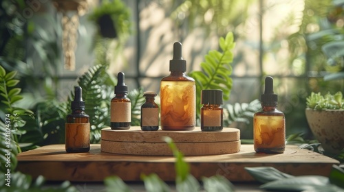 Display of natural botanical skincare products.