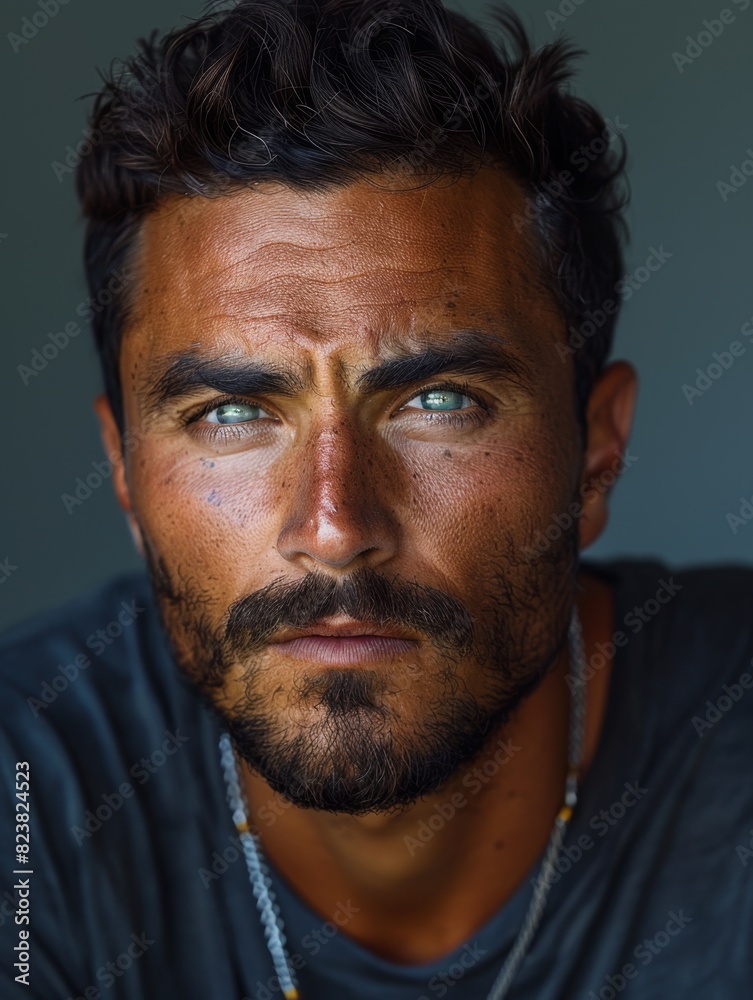Obraz premium Angry serious Latino man looking at camera, gray background, headshot,Serious Latinx Man with Intense Gaze - Striking 4K Wallpaper