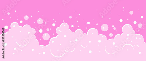 Pink bubble baby background, bath shampoo foam pattern, soap frame, cute fizz board, soft carbonated drink, cartoon vector gum. Washing illustration