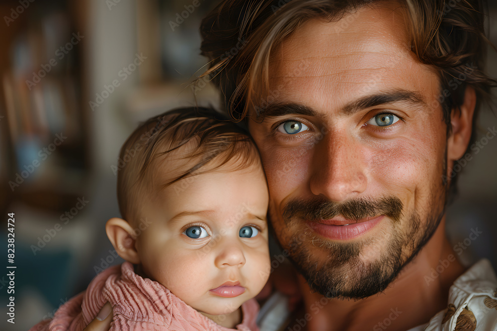 Happy smiling man father plays with daughter or son child. Caring father hugs his baby tenderly. Father's Day or Children's Day concept Happy smiling man father plays with daughter or son child. Caring father hugs his baby tenderly. Father's Day or Children's Day concept