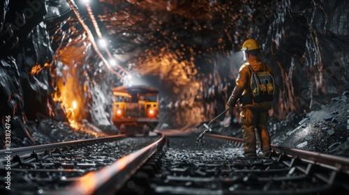  A woman miner in a helmet and overalls, using a pickaxe to break rocks in a dark underground mine, with headlamps and mining equipment illuminating the scene photo