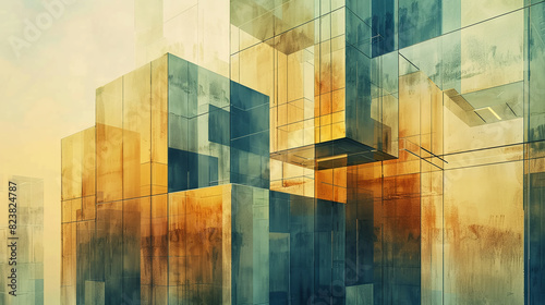 Geometric abstract architectural design  interlocking cubes and prisms  metallic and glass surfaces  reflecting sunset hues  minimalist style  vast open spaces  sharp contrasts  high-definition