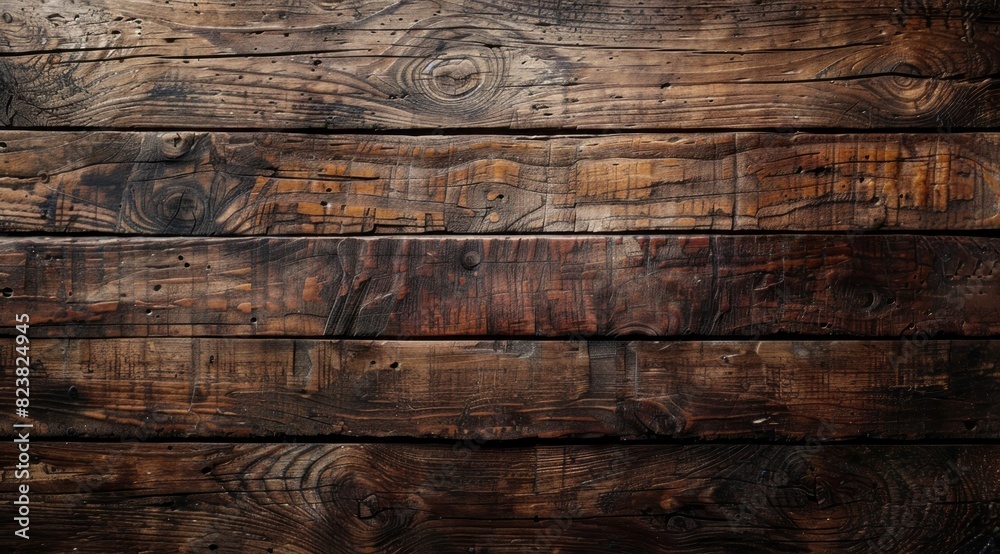 Obraz premium A top down view of an old, worn out wooden table with visible wood grain and subtle cracks in the surface