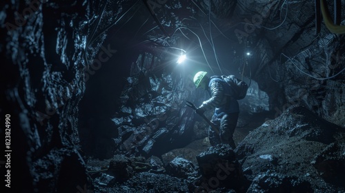  A woman miner in a helmet and overalls, using a pickaxe to break rocks in a dark underground mine, with headlamps and mining equipment illuminating the scene photo