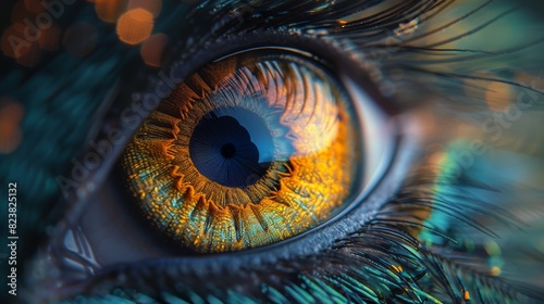 Detailed macro shot of an iridescent peacock feather eye.