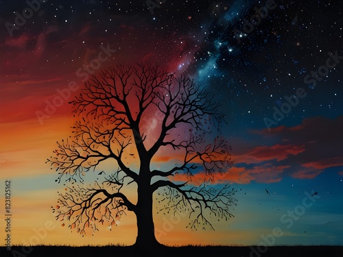 Lonely old tree growing against night starry sky with purple clouds at sunrise  outline of a tree
