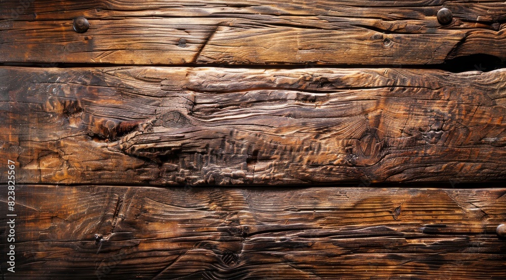 Naklejka premium A top down view of an old, worn out wooden table with visible wood grain and subtle cracks in the surface