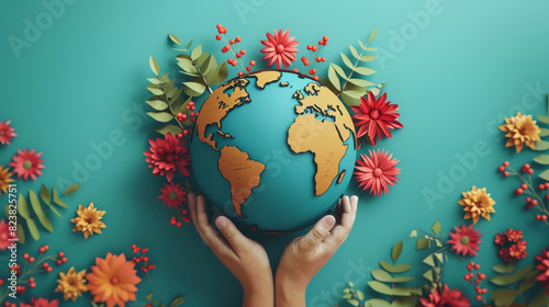 Hands holding a globe surrounded by vibrant flowers and leaves, symbolizing global care, environmental protection, and love for nature. photo