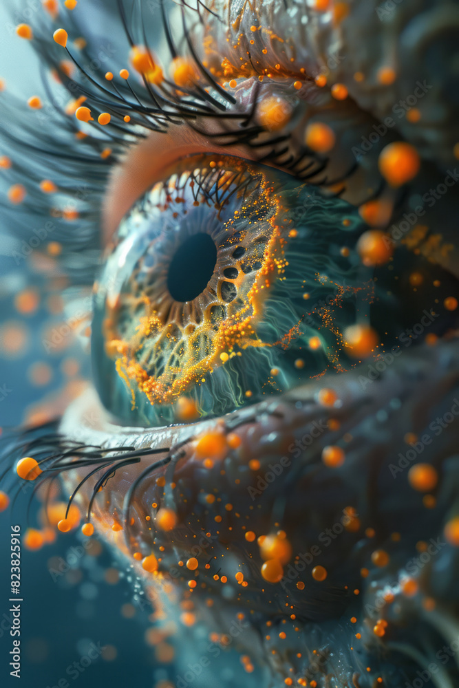 Illustration of a human eye lens deconstructed into its protein structures and fibers, floating in an abstract biological space, Illustration of a human eye lens deconstructed into its protein structures and fibers, floating in an abstract biological space,