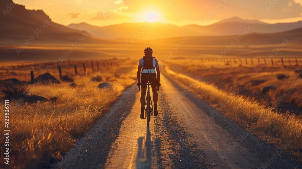 A man is riding a bicycle down a road in the mountains A man is riding a bicycle down a road in the mountains