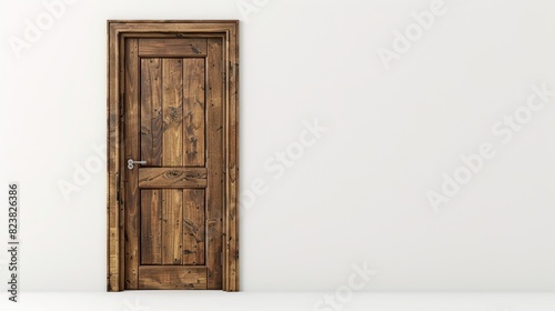 A wooden door with a silver handle sits in front of a white wall