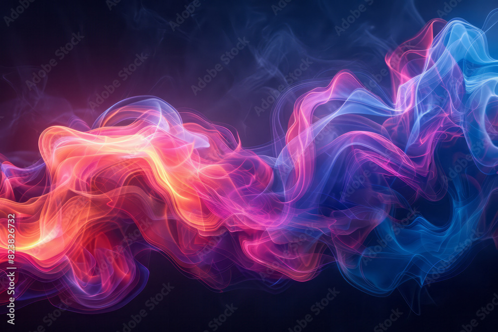 Artistic rendering of a lens acting as a source of colorful, abstract smoke-like trails of light,