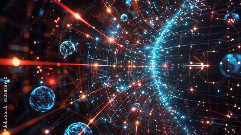 Obraz premium A vibrant digital network with neon lights and flowing data streams, showcasing a futuristic technology concept at night.