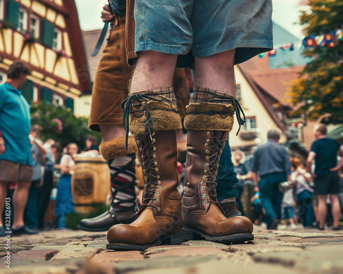 Oktoberfest celebration in Germany, traditional lederhosen and dirndls, beer tents, lively music, detailed decorations, high-detail, festive and cultural richness.Close-up photo