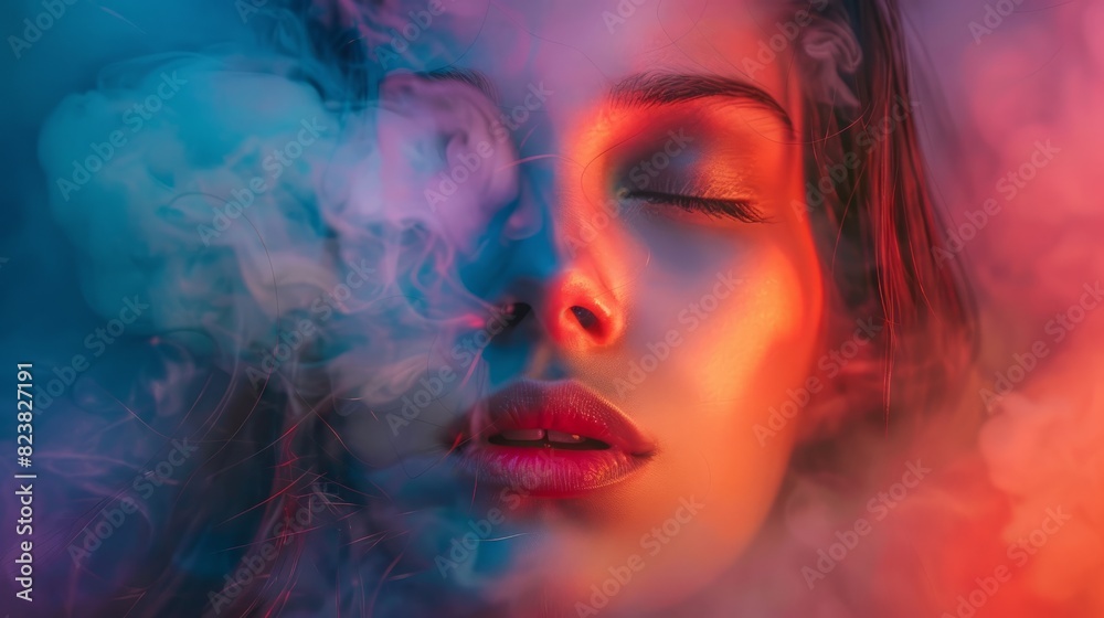 Beautiful sensual woman with closed eyes covered in colorful smoke (Generative AI) Beautiful sensual woman with closed eyes covered in colorful smoke (Generative AI)