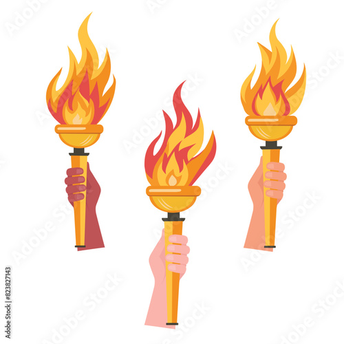 Torch in hand set. Flaming torchs.Sport fire sign. Competitions, athletic, champion, sports game or freedom torches with flames icon.