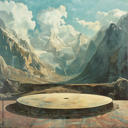 An empty platform as a mockup with a mountain landscape in the background