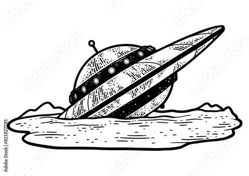 wrecked crashed ufo sketch engraving PNG illustration. T-shirt apparel print design. Scratch board imitation. Black and white hand drawn image. photo