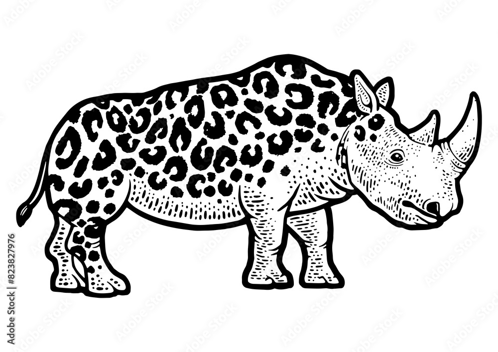 Obraz premium fictional animal rhinoceros leopard sketch engraving PNG illustration. T-shirt apparel print design. Scratch board imitation. Black and white hand drawn image.