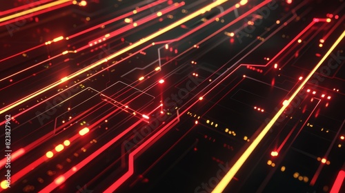 Glossy black surfaces with glowing red and yellow lines, embodying a high-speed data network in motion.