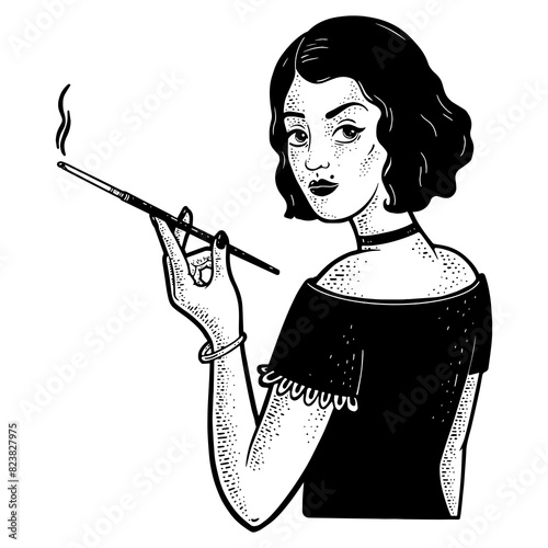 Foto girl with mouthpiece cigarette holder and cigarette sketch engraving PNG illustration