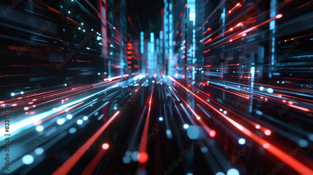 Black surfaces with red, white, and blue lines, capturing the energy and movement of a high-speed data network in action.