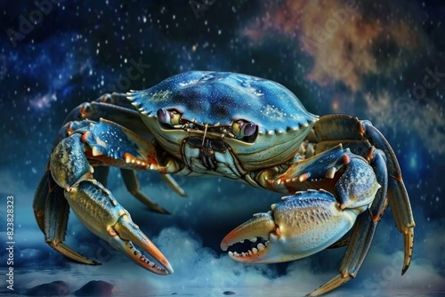 Beautifully detailed blue crab posed against a cosmic backdrop of stars and nebulae