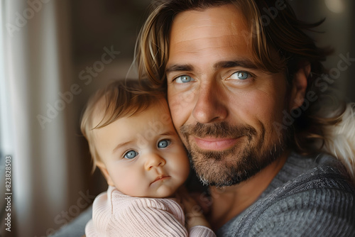 Happy smiling man father plays with daughter or son child. Caring father hugs his baby tenderly. Father's Day or Children's Day concept