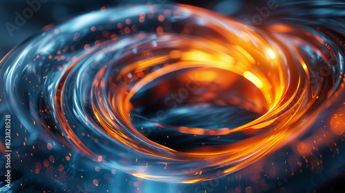 Abstract depiction of a lens with ribbons of light streaming out, twisting and curling in mid-air,
