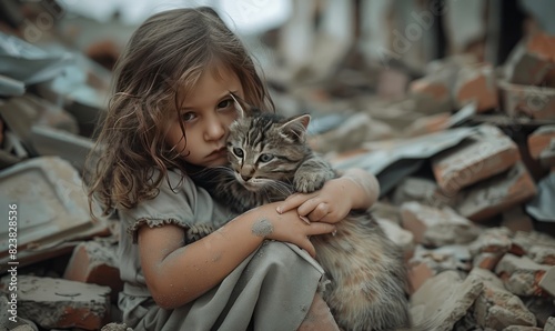 The consequences of an earthquake, a destroyed house, a tear-stained girl in dusty clothes, sitting on the ruins and hugging a kitten.