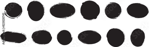 Oval and circle sketch shape, round charcoal marker, ink paint brush, grunge organic blob, irregular stain, black stroke spot isolated on white background. Abstract simple vector illustration