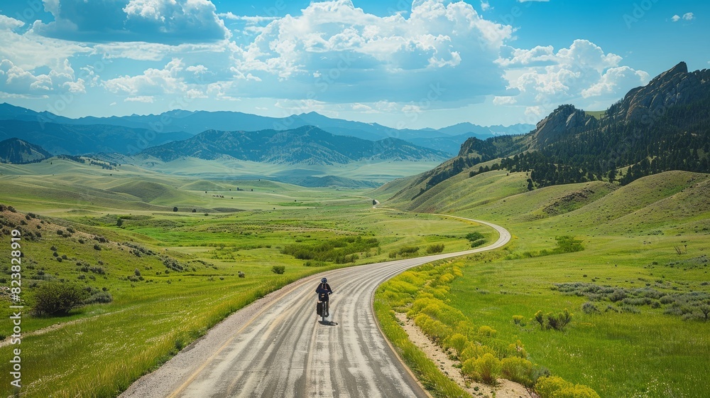 Fototapeta premium A man is riding a bicycle down a road in the mountains
