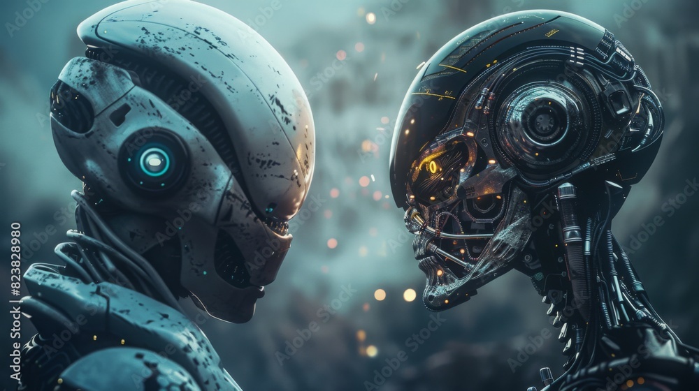 Fototapeta premium Two humanoid figures standing in front of a city, facing each other in a confrontational stance.