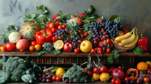 A vibrant still life arrangement of colorful fruits and vegetables  exuding freshness and healthy living.