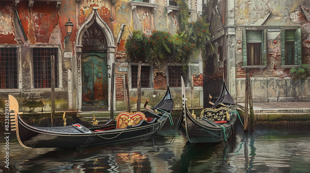Serene boat ride through the canals of Venice, ornate gondolas, historic buildings, reflections in the water, high-detail, romantic and timeless atmosphere.