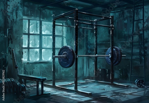 Please create an illustration of a squat rack with a heavily loaded barbell in a dark, underground gym. photo
