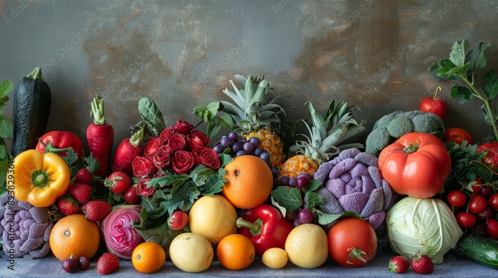 A vibrant still life arrangement of colorful fruits and vegetables, exuding freshness and healthy living.