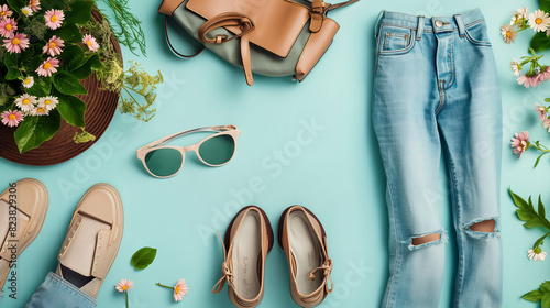 Jeans, handbag and loafers. Fashion spring, summer or autumn outfit. Women's stylish and elegant clothes with accessory. Flat lay, top view, overhead.