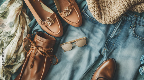 Jeans, handbag and loafers. Fashion spring, summer or autumn outfit. Women's stylish and elegant clothes with accessory. Flat lay, top view, overhead.
