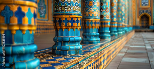 Close-up of the ornate designs on a mosque's minaret photo