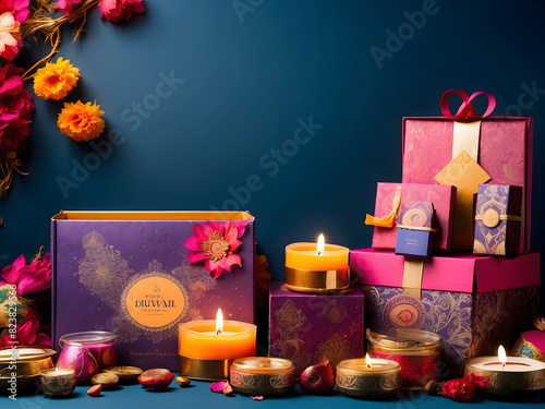 Packaging Diwali gift hampers with festive items background design with space for text design.