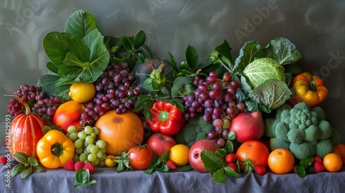 A vibrant still life arrangement of colorful fruits and vegetables, exuding freshness and healthy living.