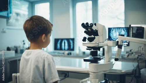 A child at the ophthalmologist during checks. 