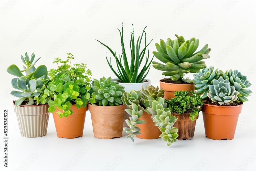 assorted small potted plants and succulents indoor gardening and home decor isolated on white background